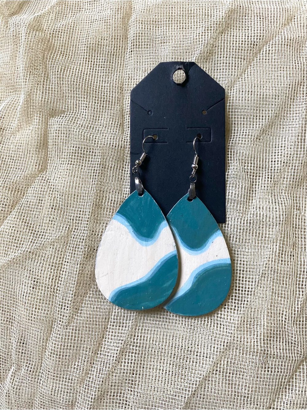 Hand-Painted Teal & White Teardrop Earrings